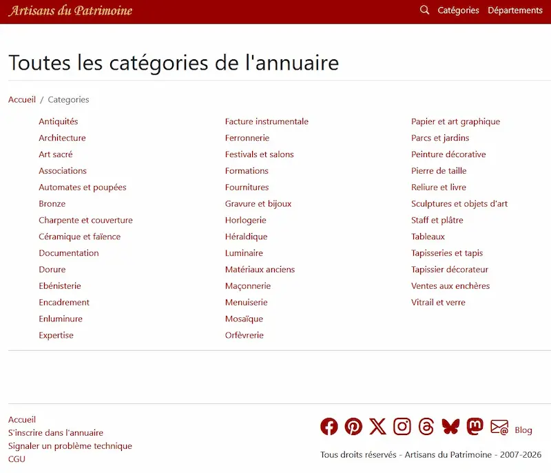 capture d'écran du site nommé artisans du patrimoine et listant les artisans en France travaillant à la restauration du patrimoine historique