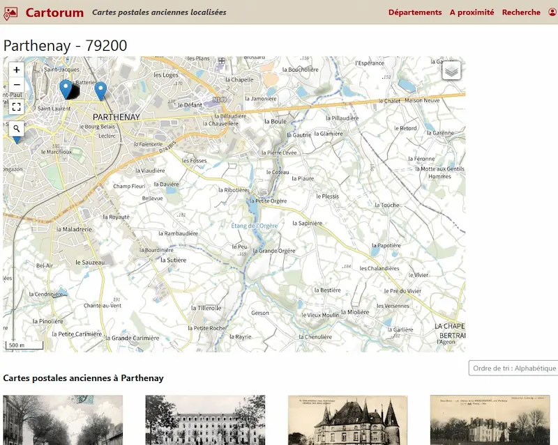 capture d'écran du site cartorum.fr regroupant de nombreuses cartes postales historiques classées par ville sur une carte et commentées par les utilisateurs