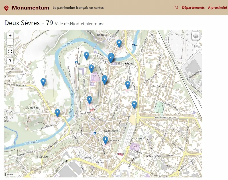 capture d'écran du site monumentum.fr regroupant sur une carte les site historiques en france. Localisés,renseignés et commentés par les utilisateurs